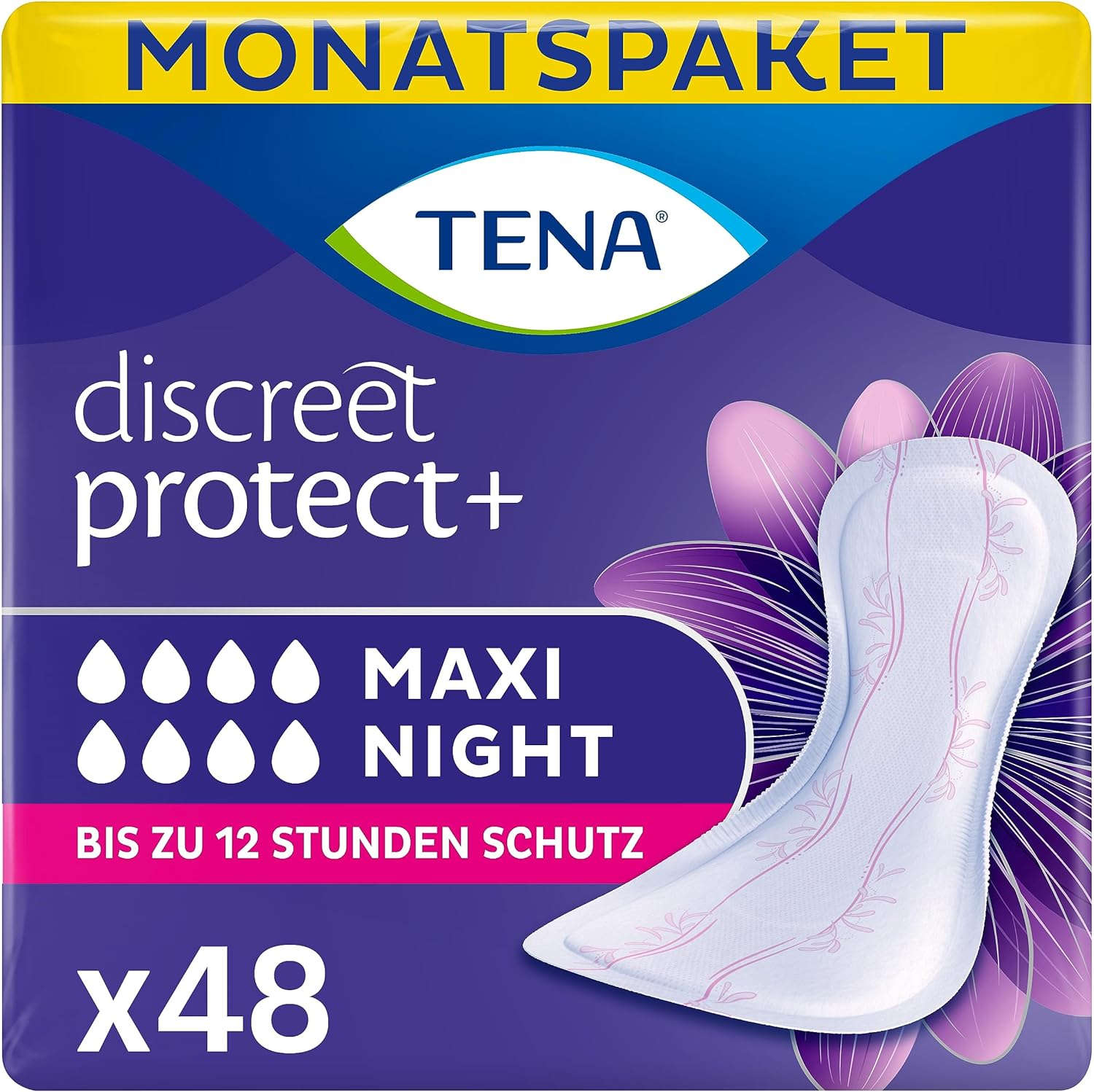 TENA Discreet Maxi Night â€“ Serviettes Incontinence Femme - Post-accouchement - Protections Absorbantes Pour Fuites Urinaires Modérées Ã€ Fortes - 48