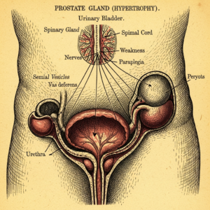 Examen des effets de l'engorgement prostatique et des écoulements rebelles dans le contexte de la blennorrhée chronique. Ce texte explore la relation entre la prostate et divers symptômes neurologiques tels que la faiblesse des membres et l'affaiblissement de l'intelligence.