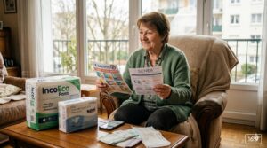 femme assise sur son fauteuil qui compare les différentes marques de couche adulte pas cher